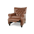 Fauteuil inclinable rembourré en cuir synthétique marron clair avec repose-pieds, dossier capitonné et détails cloutés