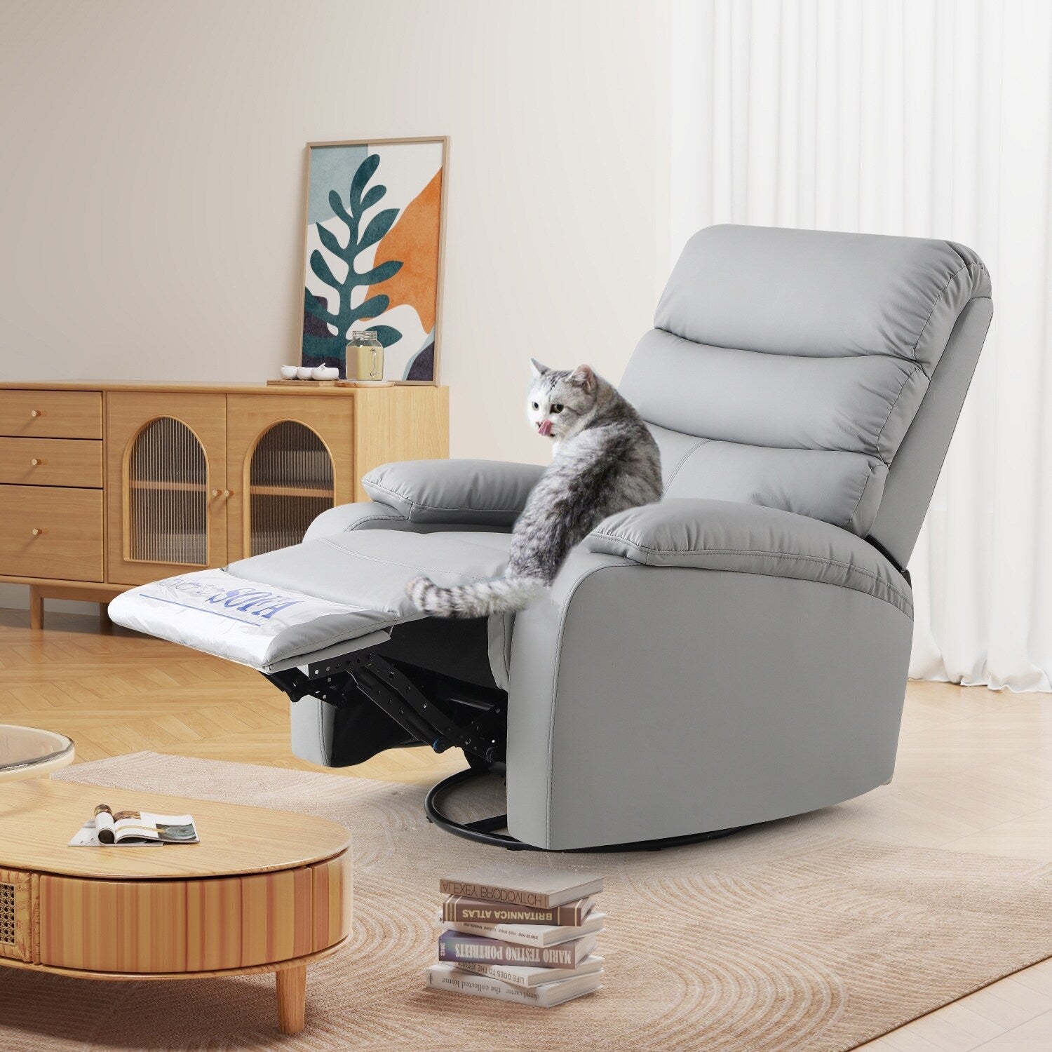 Fauteuil inclinable manuel pivotant à 360° en cuir synthétique gris clair avec protection anti-salissure pour les pieds et tissu résistant aux rayures des chats