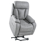 Fauteuil inclinable électrique gris clair pour personnes âgées, rembourré en polyester, avec poche latérale, accoudoirs coussinés et télécommande.