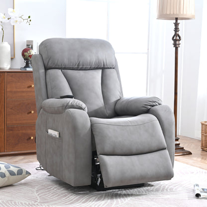 Fauteuil inclinable électrique gris clair pour personnes âgées, rembourré en polyester, avec poche latérale, accoudoirs coussinés et télécommande.