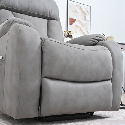 Fauteuil inclinable électrique gris clair pour personnes âgées, rembourré en polyester, avec poche latérale, accoudoirs coussinés et télécommande.