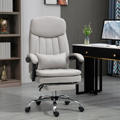 Fauteuil de bureau inclinable pivotant à 360° en microfibre gris clair avec massage par vibrations, chauffage lombaire, coussin lombaire et repose-pieds