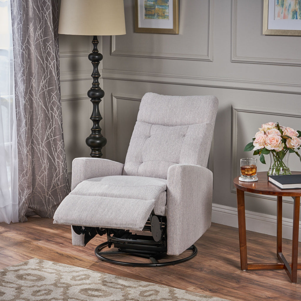 Fauteuil inclinable pivotant et rembourré en tissu gris clair moderne avec repose-pieds et dossier capitonné