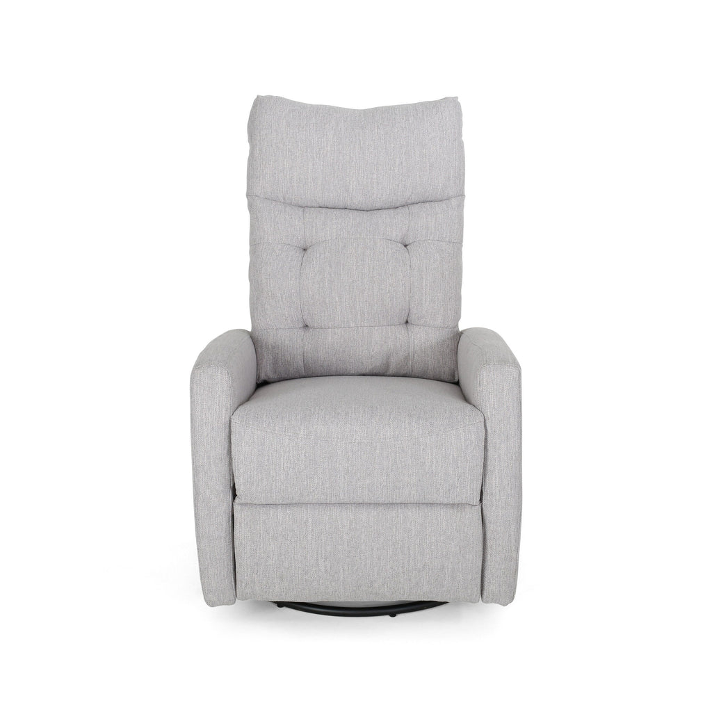Fauteuil inclinable pivotant et rembourré en tissu gris clair moderne avec repose-pieds et dossier capitonné