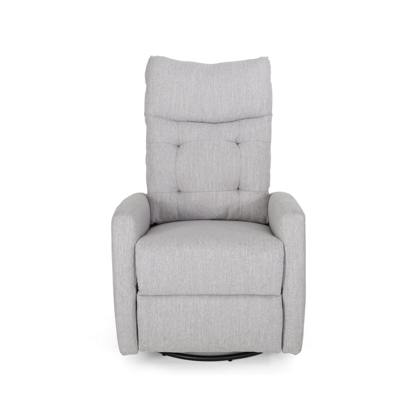 Fauteuil inclinable pivotant et rembourré en tissu gris clair moderne avec repose-pieds et dossier capitonné