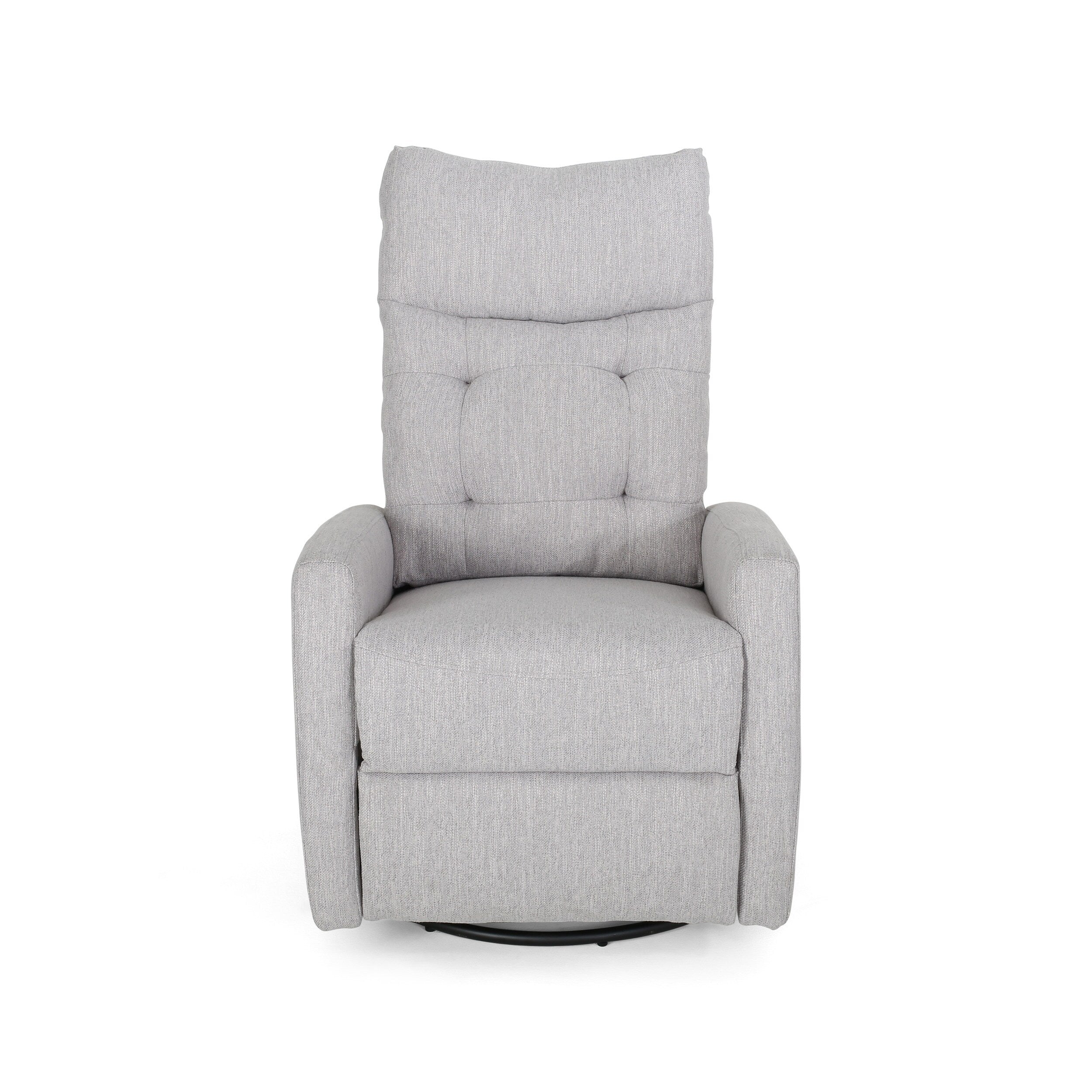 Fauteuil inclinable pivotant et rembourré en tissu gris clair moderne avec repose-pieds et dossier capitonné
