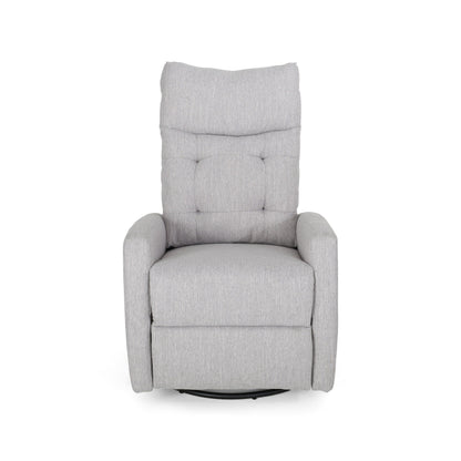 Fauteuil inclinable pivotant et rembourré en tissu gris clair moderne avec repose-pieds et dossier capitonné