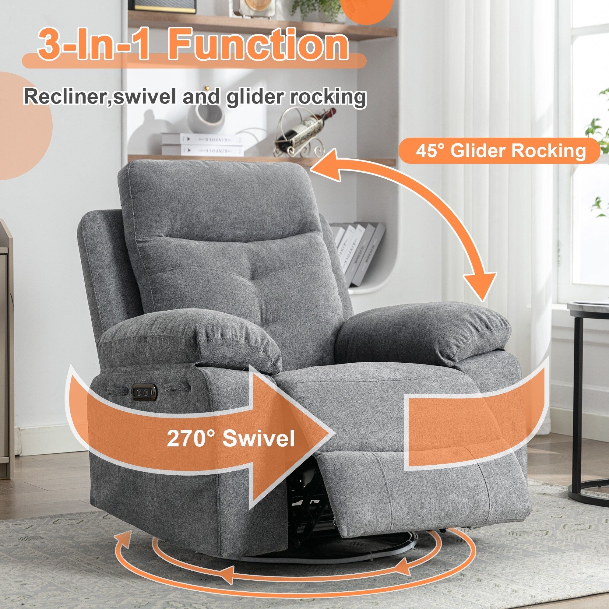 Fauteuil inclinable électrique pivotant à 270° surdimensionné gris clair avec haut-parleur Bluetooth, éclairage LED, ports USB et Type-C