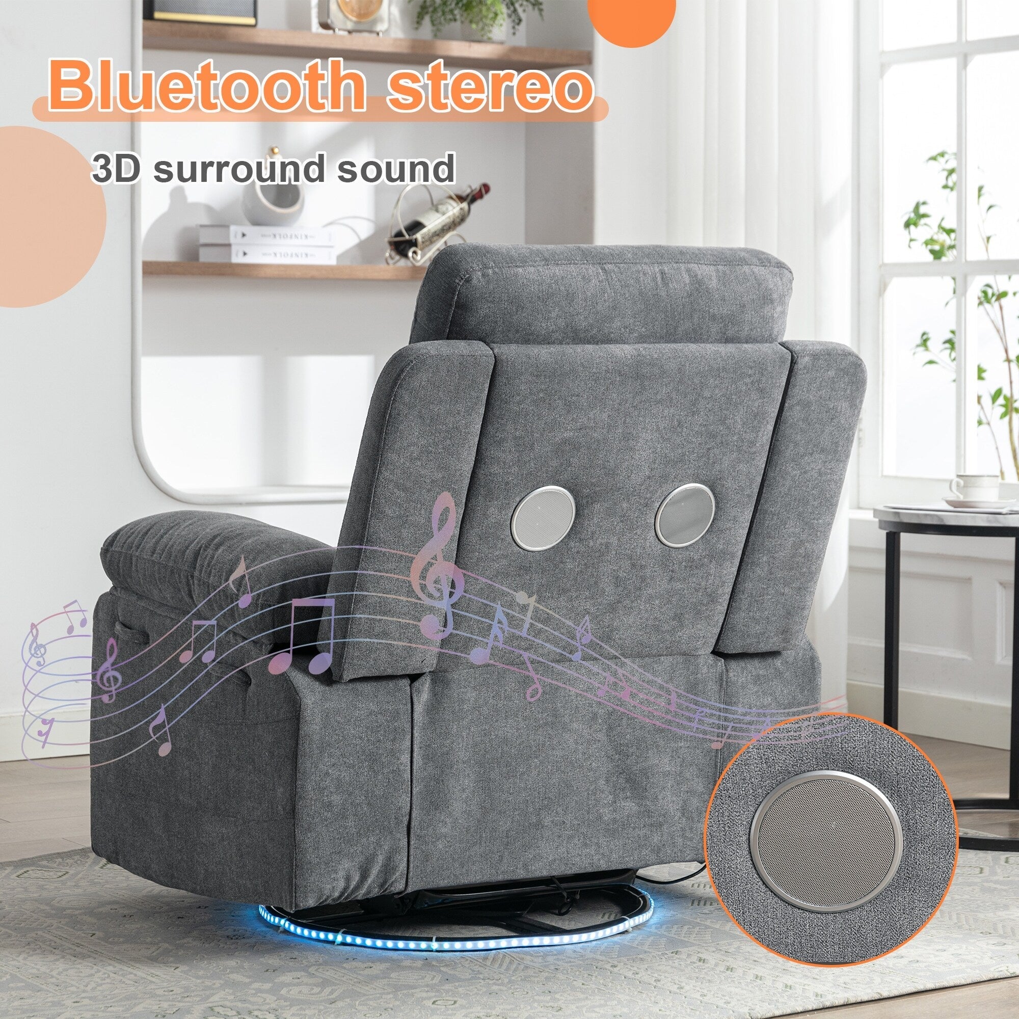 Fauteuil inclinable électrique pivotant à 270° surdimensionné gris clair avec haut-parleur Bluetooth, éclairage LED, ports USB et Type-C