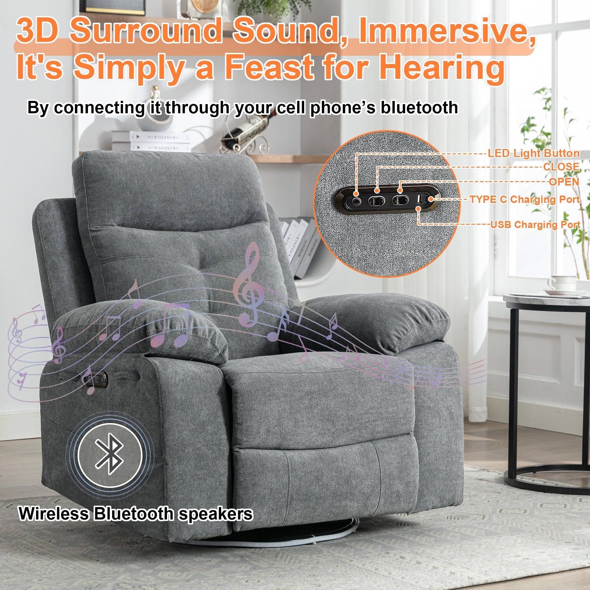 Fauteuil inclinable électrique pivotant à 270° surdimensionné gris clair avec haut-parleur Bluetooth, éclairage LED, ports USB et Type-C