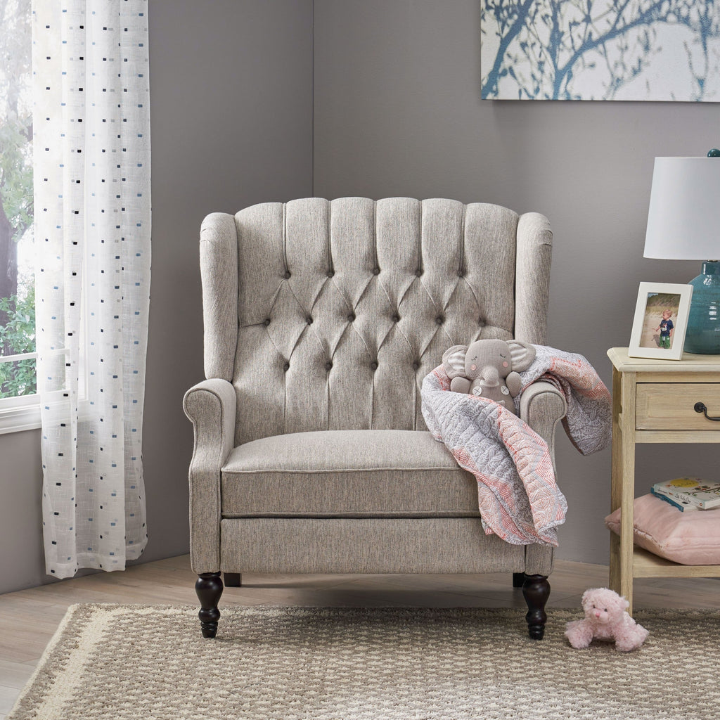 Fauteuil inclinable rembourré surdimensionné gris clair avec repose-pieds, dossier capitonné et clous décoratifs