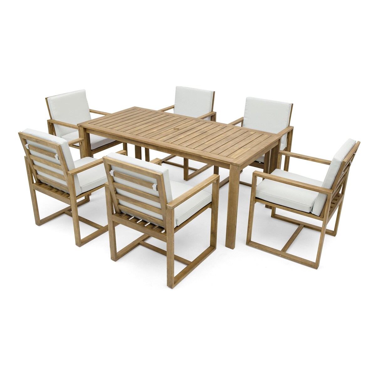 Ensemble de salle à manger d'extérieur 7 pièces en teck clair avec coussin gris beige clair et trou pour parasol