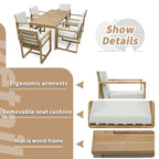 Ensemble de salle à manger d'extérieur 7 pièces en teck clair avec coussin gris beige clair et trou pour parasol