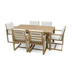 Ensemble de salle à manger d'extérieur 7 pièces en teck clair avec coussin gris beige clair et trou pour parasol