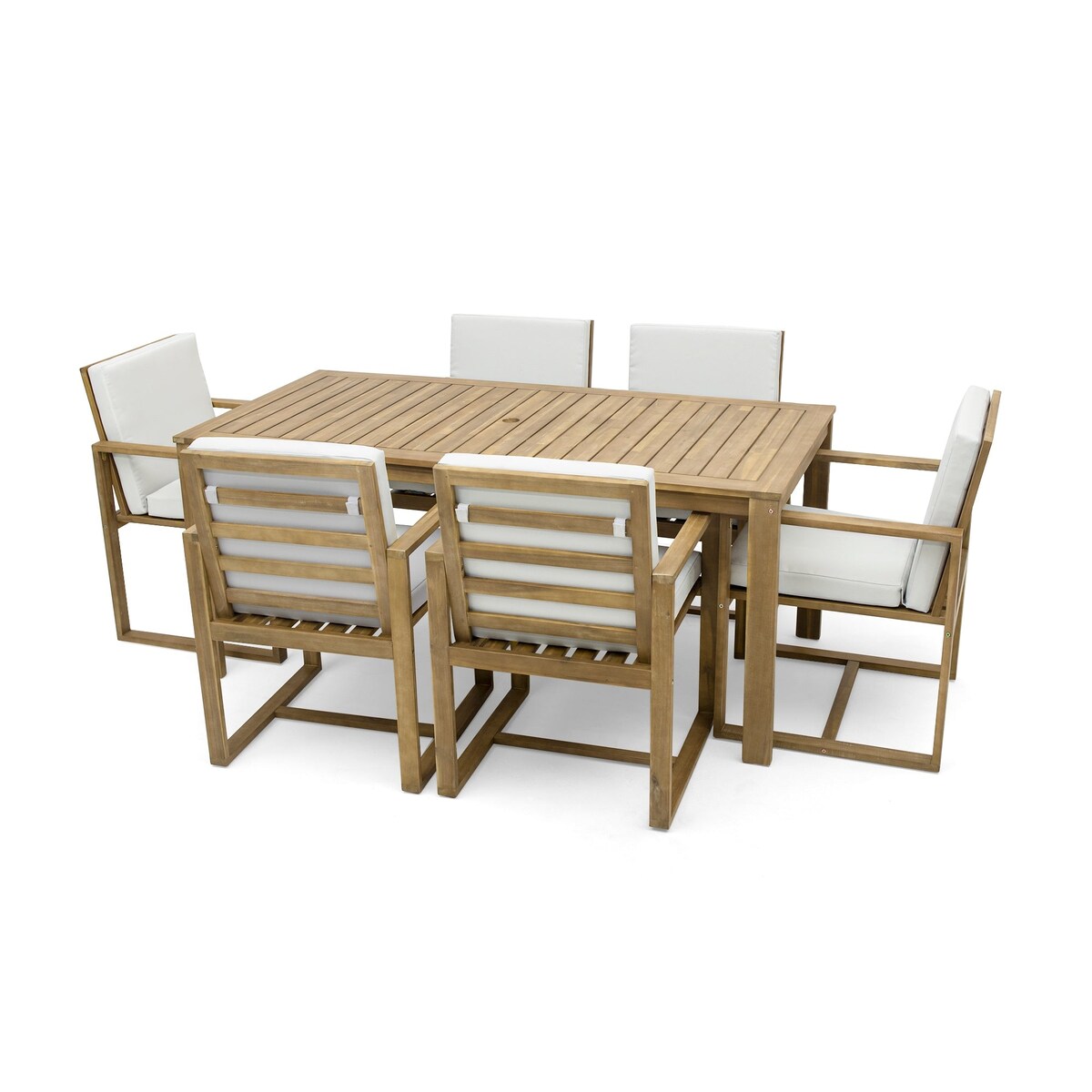 Ensemble de salle à manger d'extérieur 7 pièces en teck clair avec coussin gris beige clair et trou pour parasol
