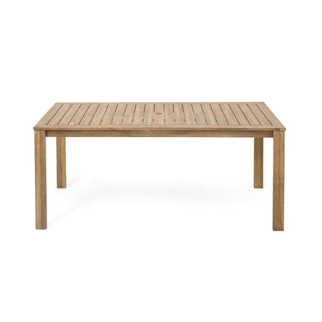 Ensemble de salle à manger d'extérieur 7 pièces en teck clair avec coussin gris beige clair et trou pour parasol