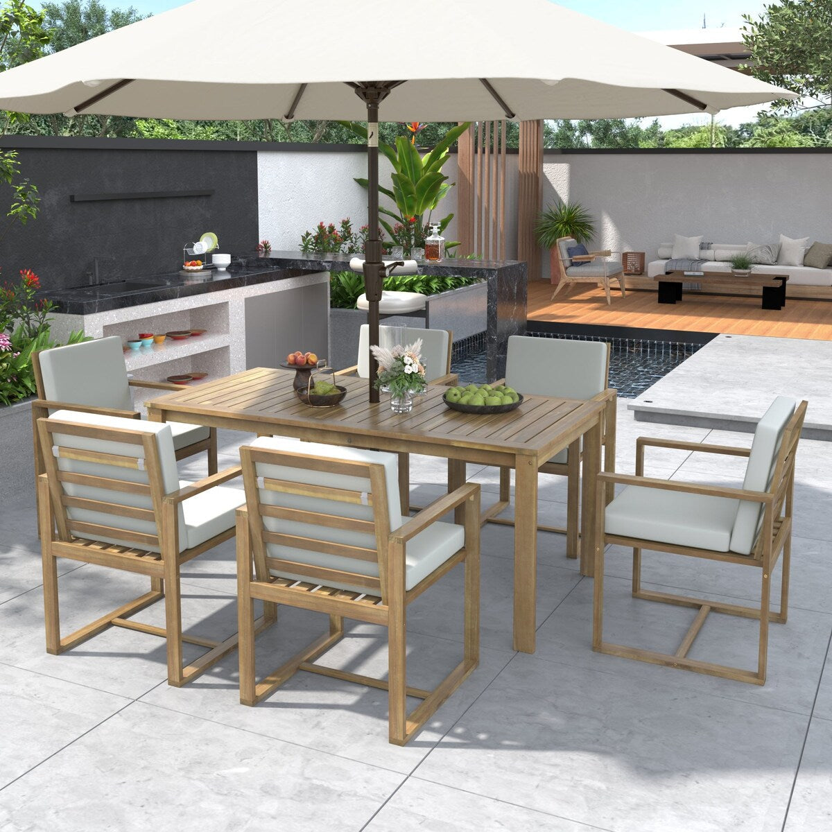 Ensemble de salle à manger d'extérieur 7 pièces en teck clair avec coussin gris beige clair et trou pour parasol