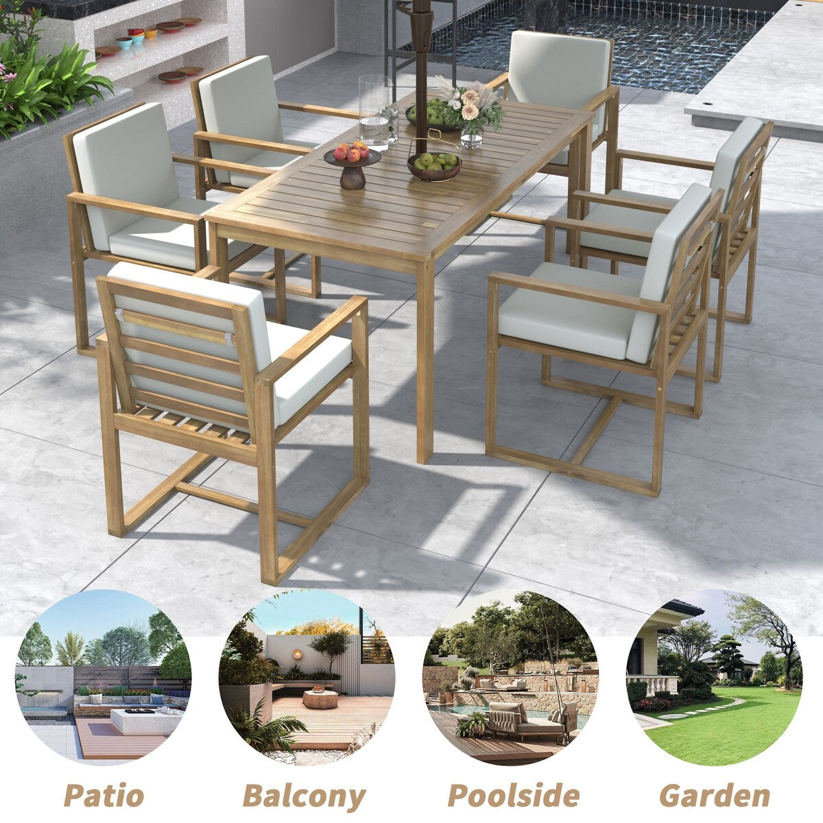 Ensemble de salle à manger d'extérieur 7 pièces en teck clair avec coussin gris beige clair et trou pour parasol
