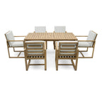 Ensemble de salle à manger d'extérieur 7 pièces en teck clair avec coussin gris beige clair et trou pour parasol