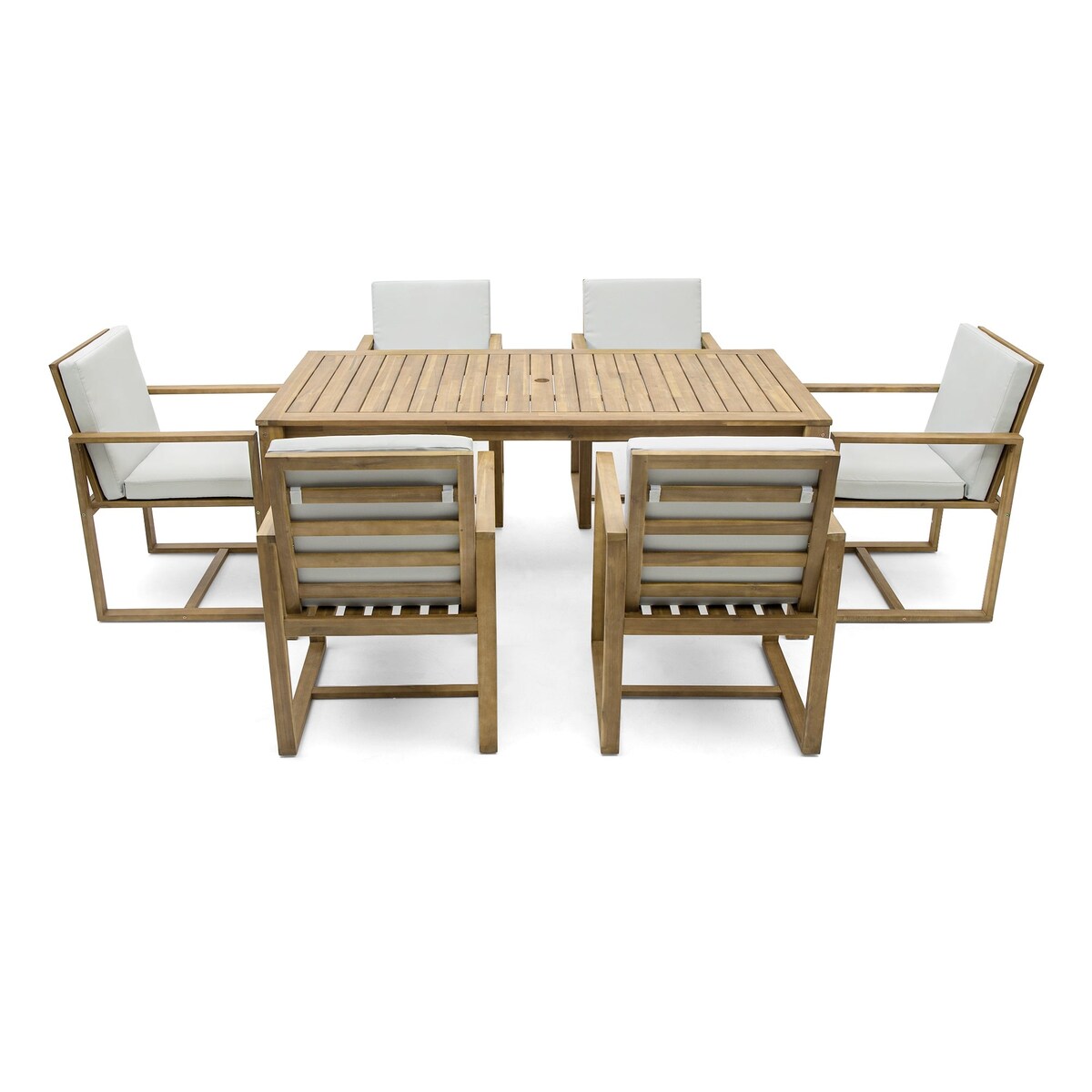 Ensemble de salle à manger d'extérieur 7 pièces en teck clair avec coussin gris beige clair et trou pour parasol