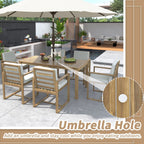 Ensemble de salle à manger d'extérieur 7 pièces en teck clair avec coussin gris beige clair et trou pour parasol