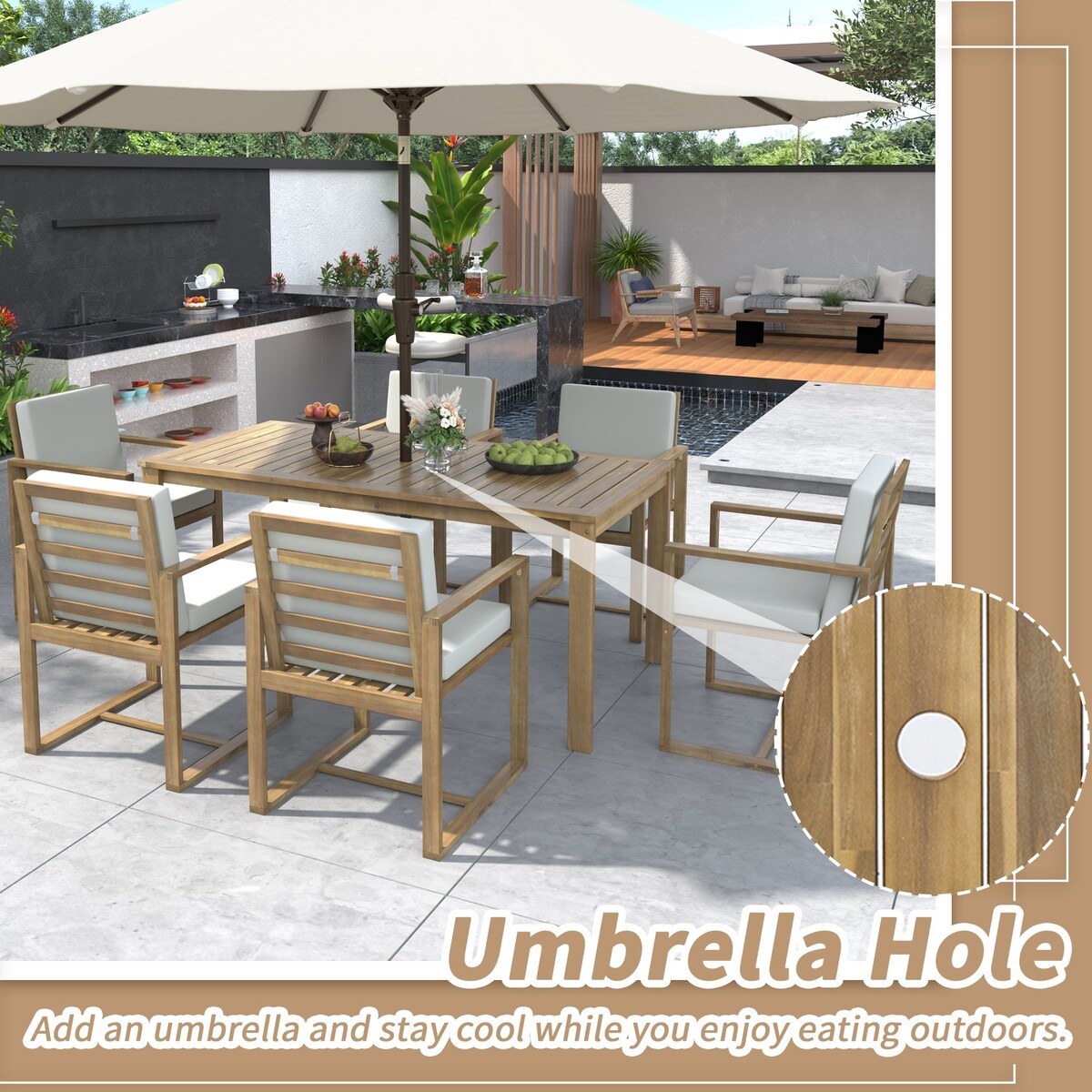 Ensemble de salle à manger d'extérieur 7 pièces en teck clair avec coussin gris beige clair et trou pour parasol