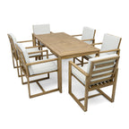 Ensemble de salle à manger d'extérieur 7 pièces en teck clair avec coussin gris beige clair et trou pour parasol