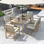 Ensemble de salle à manger d'extérieur 7 pièces en teck clair avec coussin gris beige clair et trou pour parasol