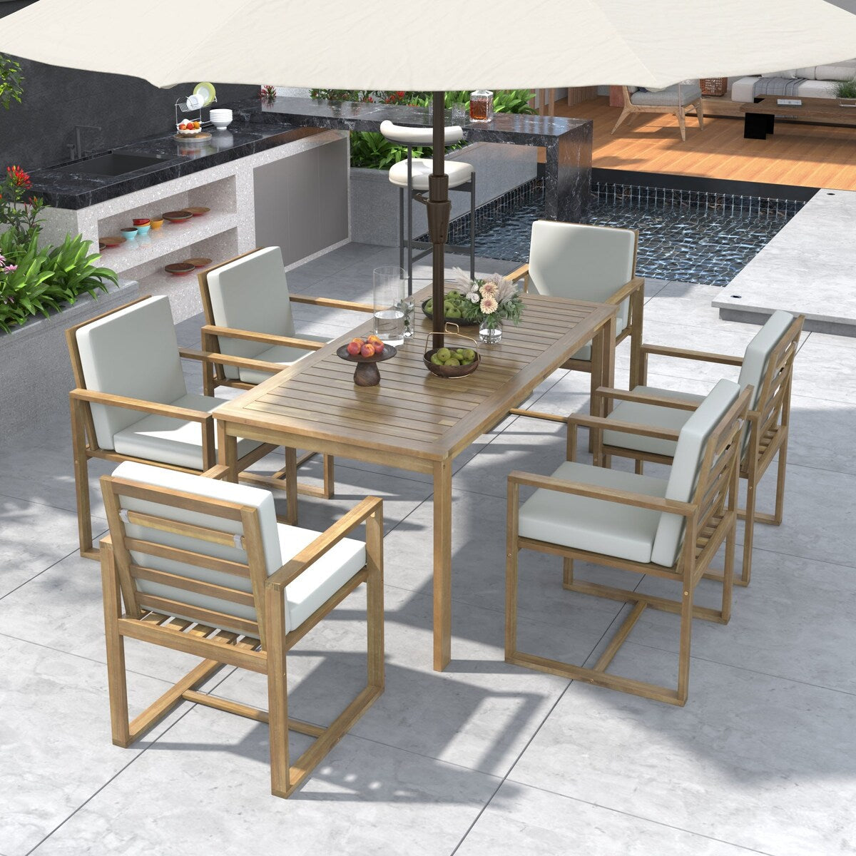 Ensemble de salle à manger d'extérieur 7 pièces en teck clair avec coussin gris beige clair et trou pour parasol