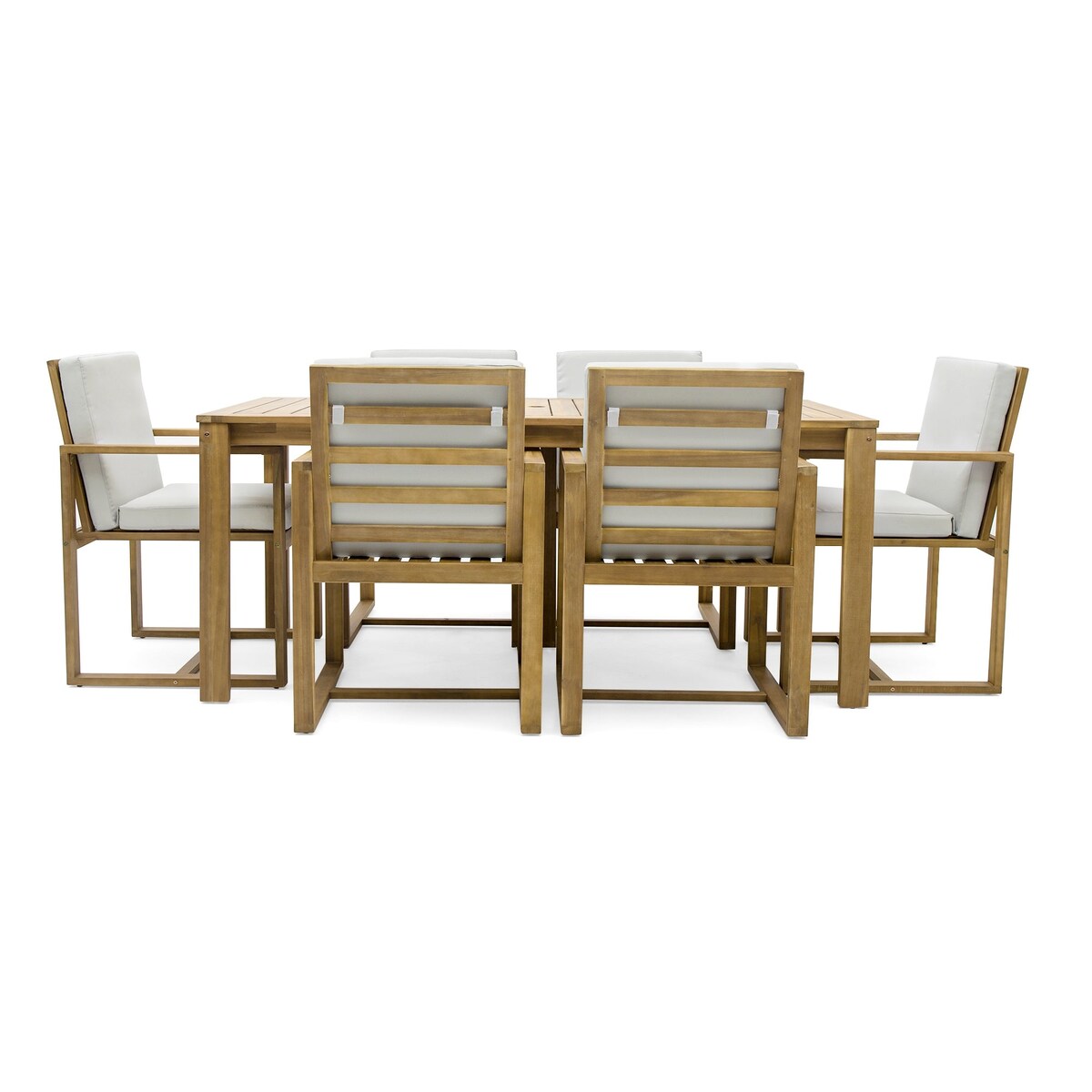 Ensemble de salle à manger d'extérieur 7 pièces en teck clair avec coussin gris beige clair et trou pour parasol