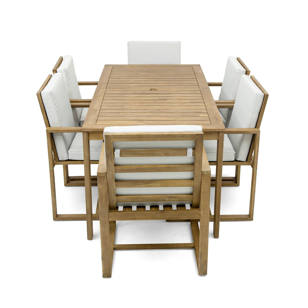 Ensemble de salle à manger d'extérieur 7 pièces en teck clair avec coussin gris beige clair et trou pour parasol