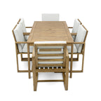 Ensemble de salle à manger d'extérieur 7 pièces en teck clair avec coussin gris beige clair et trou pour parasol