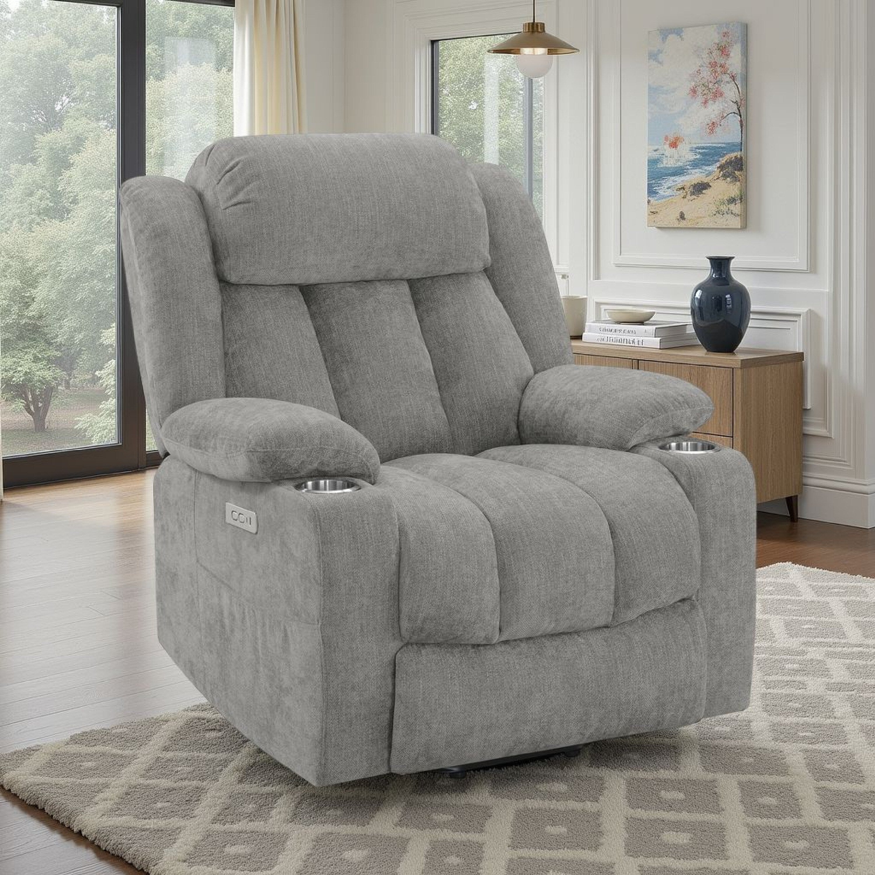 Fauteuil inclinable électrique Limi, gris clair, port USB, porte-gobelets