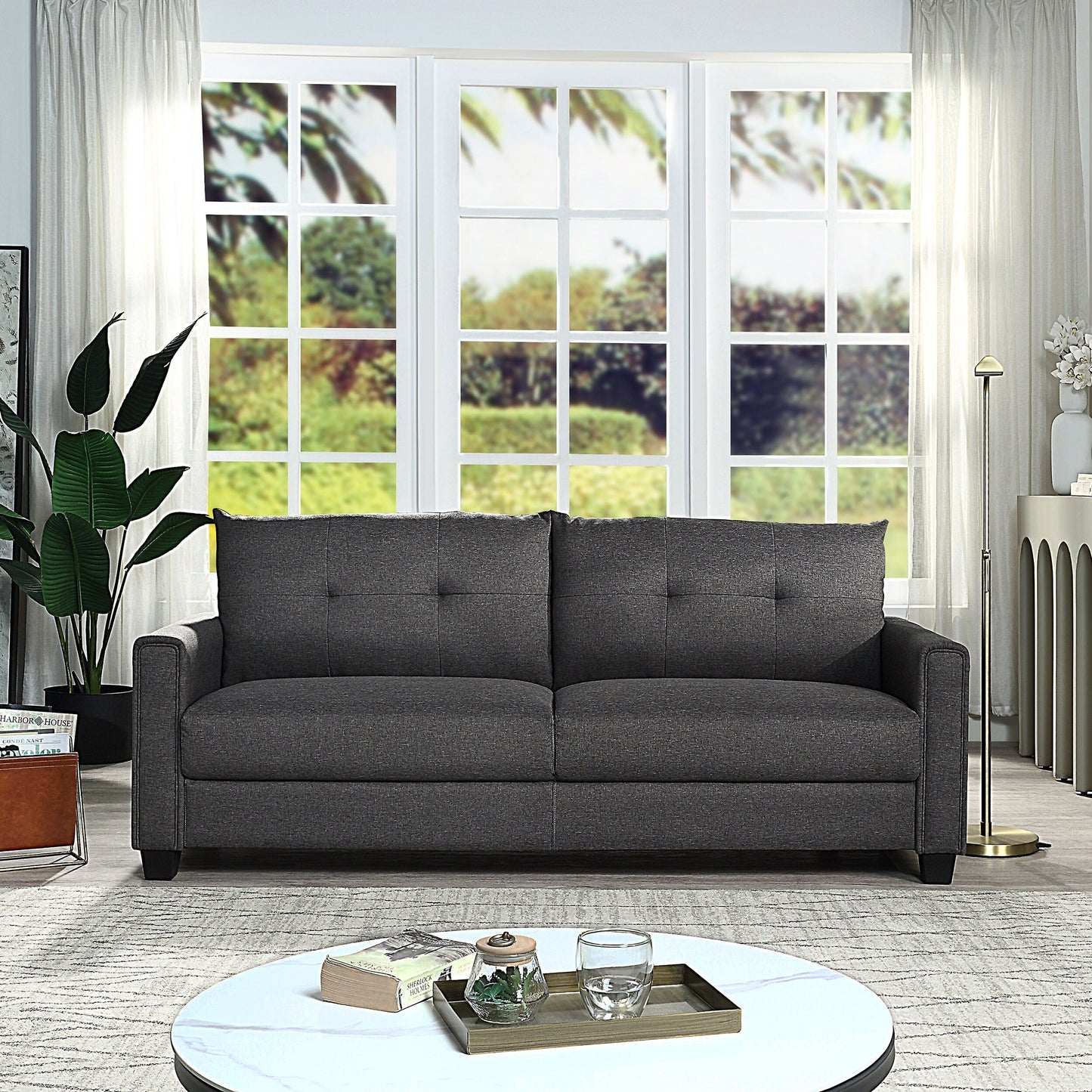 Canapé rembourré en lin avec coussins capitonnés - 30,71 x 81,10 x 32,28