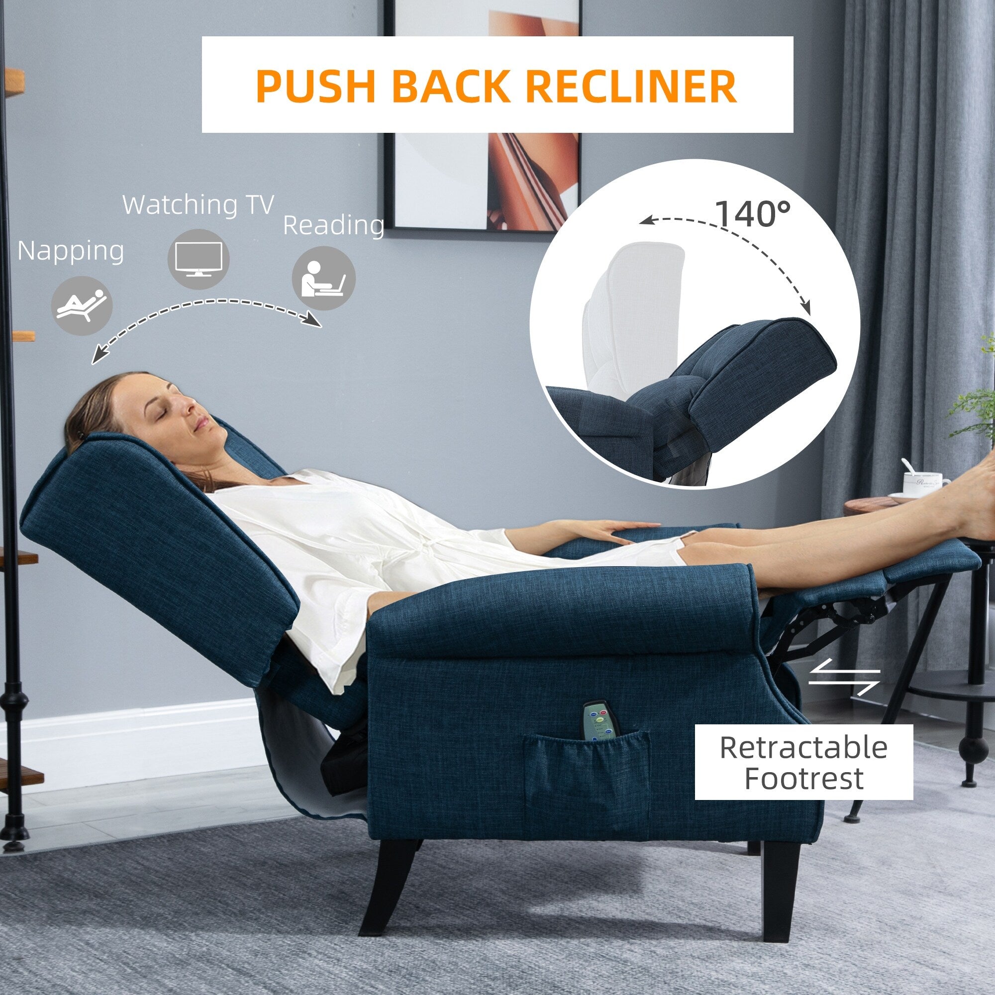 Canapé inclinable massant en lin avec fonction chauffante, télécommande et inclinaison manuelle