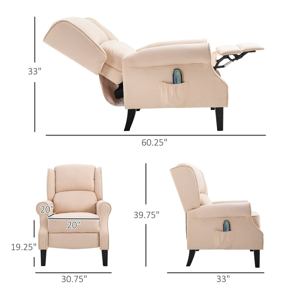 Canapé inclinable massant en lin avec fonction chauffante, télécommande et inclinaison manuelle