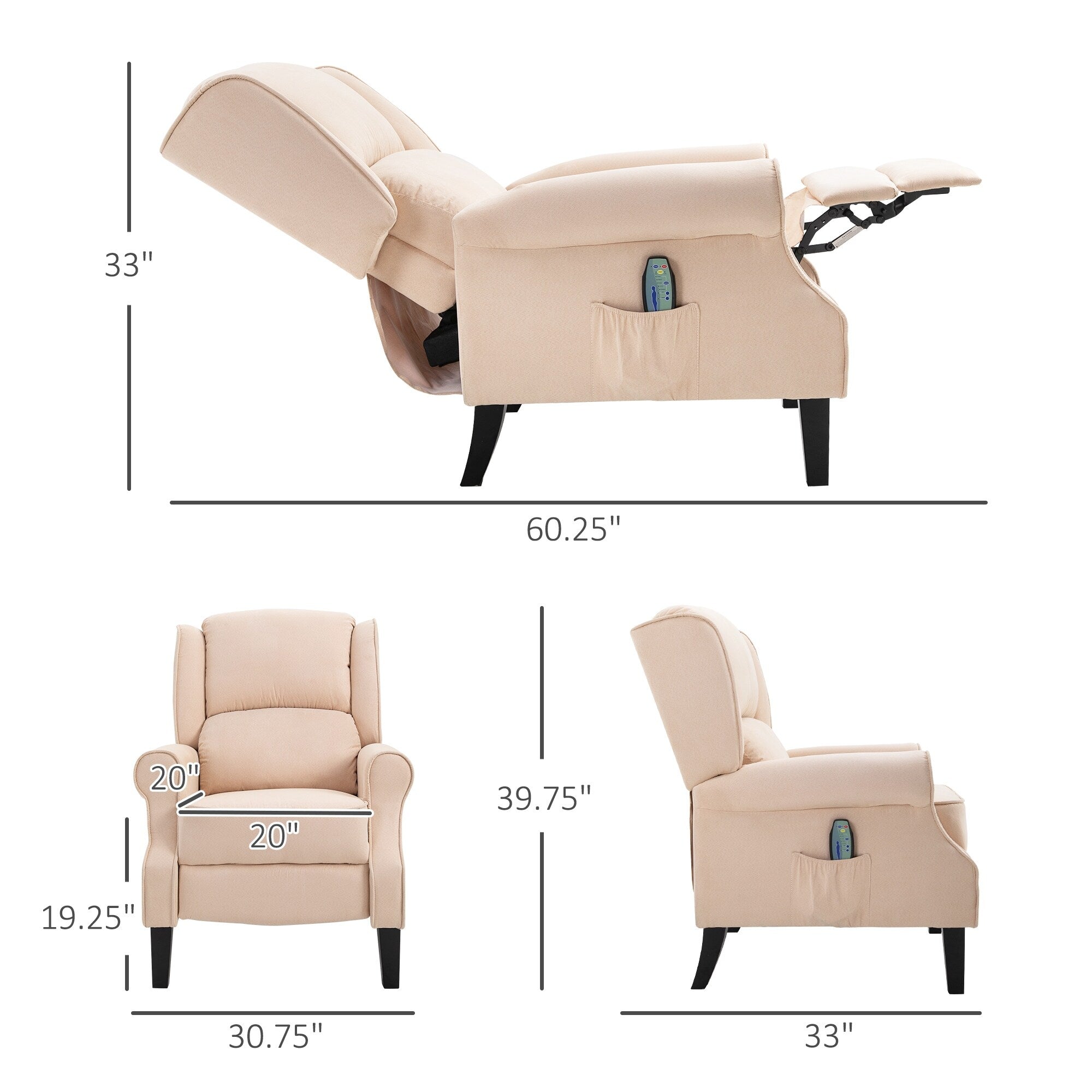 Canapé inclinable massant en lin avec fonction chauffante, télécommande et inclinaison manuelle