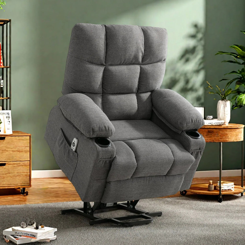 Fauteuil inclinable électrique en lin avec massage et chauffage, poches latérales et ports de charge USB