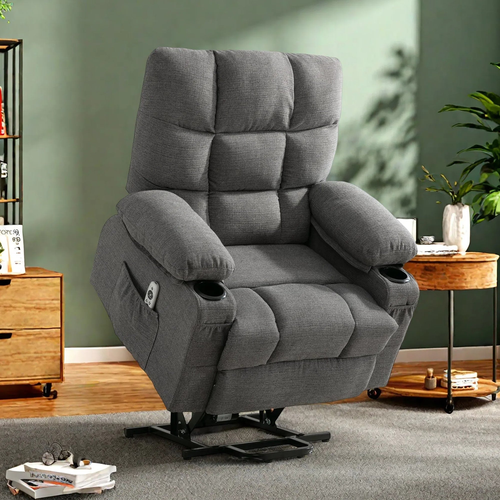 Fauteuil inclinable électrique en lin avec massage et chauffage, poches latérales et ports de charge USB
