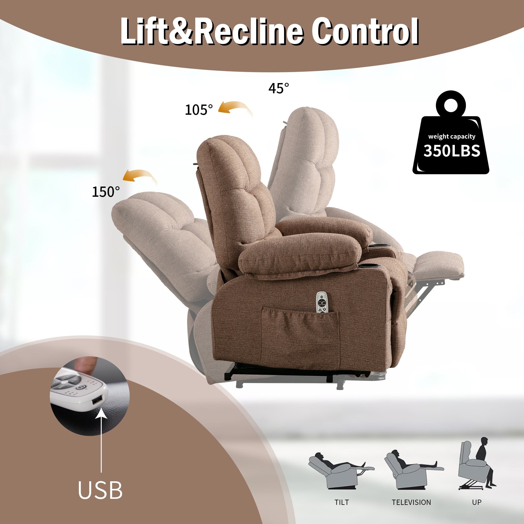 Fauteuil inclinable électrique en lin avec massage et chauffage, poches latérales et ports de charge USB