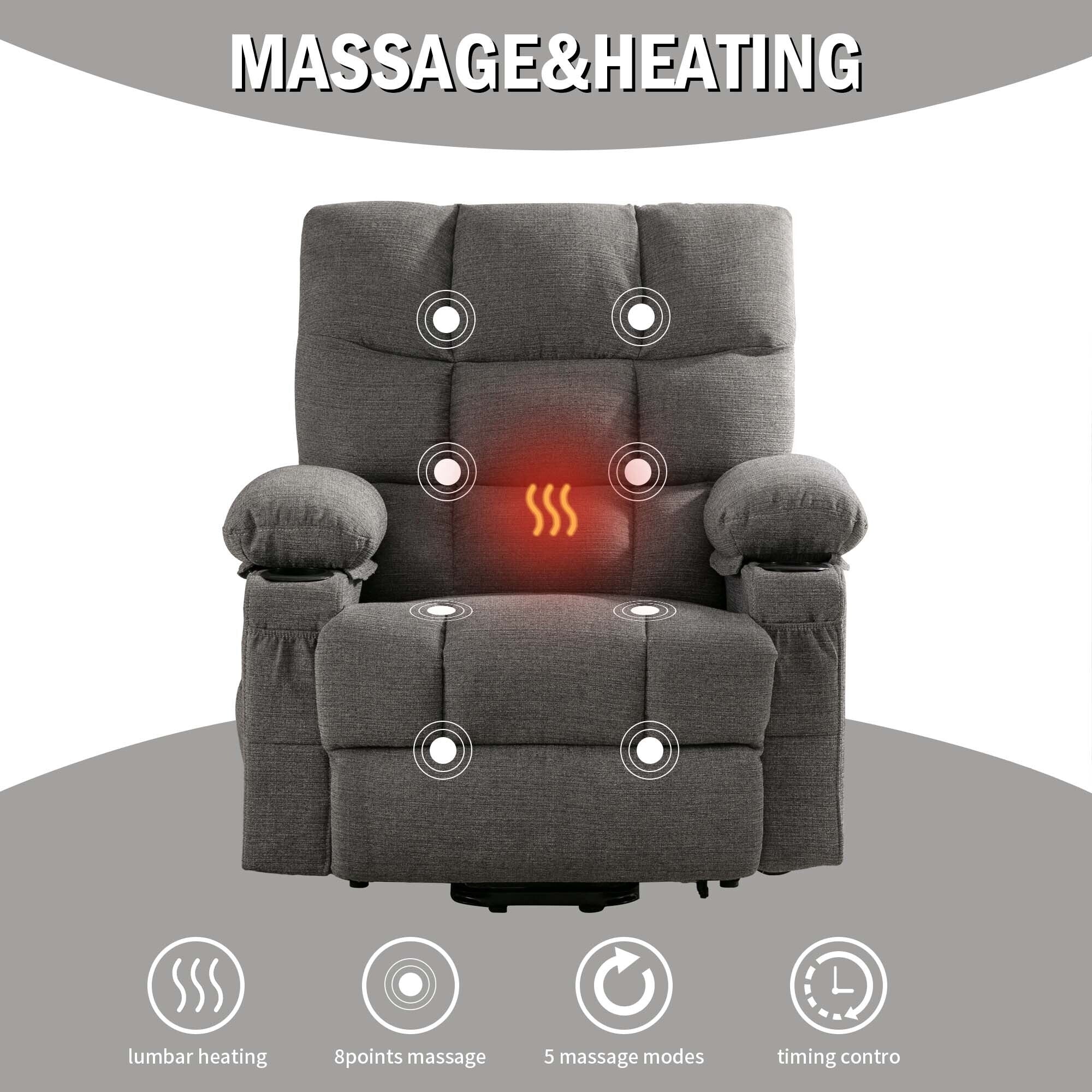 Fauteuil inclinable électrique en lin avec massage et chauffage, poches latérales et ports de charge USB