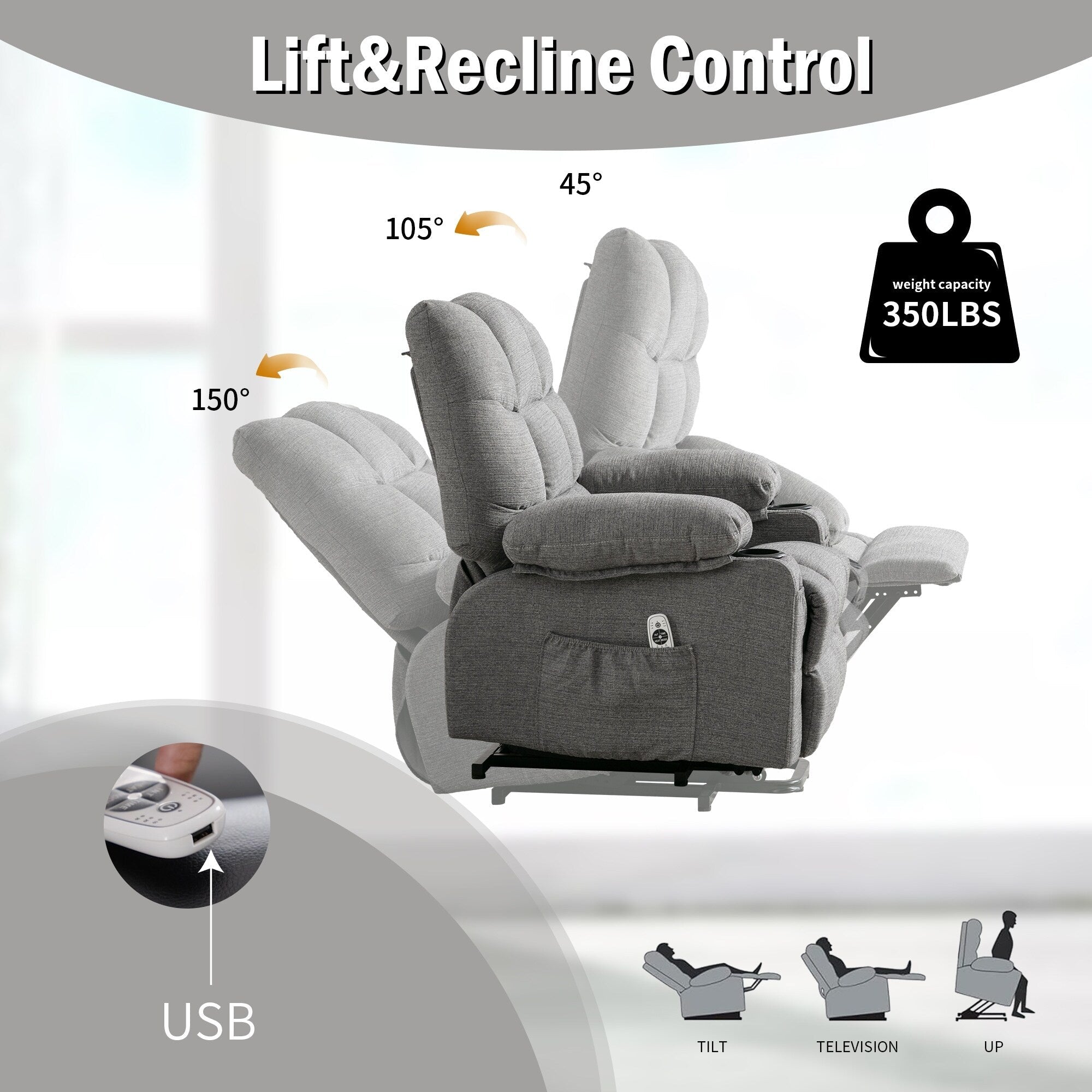 Fauteuil inclinable électrique en lin avec massage et chauffage, poches latérales et ports de charge USB