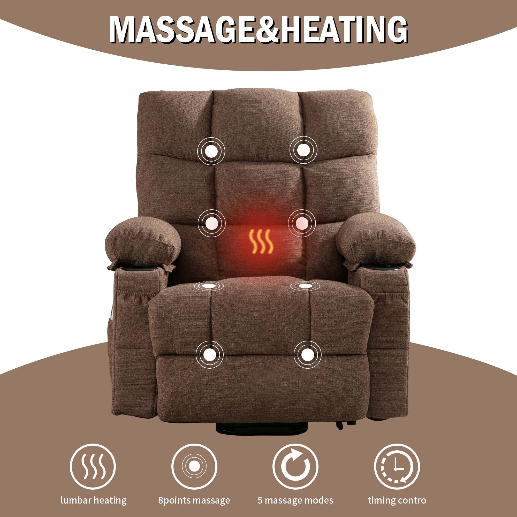 Fauteuil inclinable électrique en lin avec massage et chauffage, poches latérales et ports de charge USB