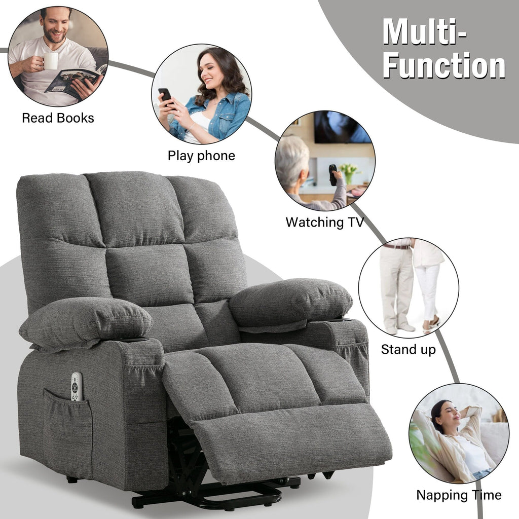 Fauteuil inclinable électrique en lin avec massage et chauffage, poches latérales et ports de charge USB
