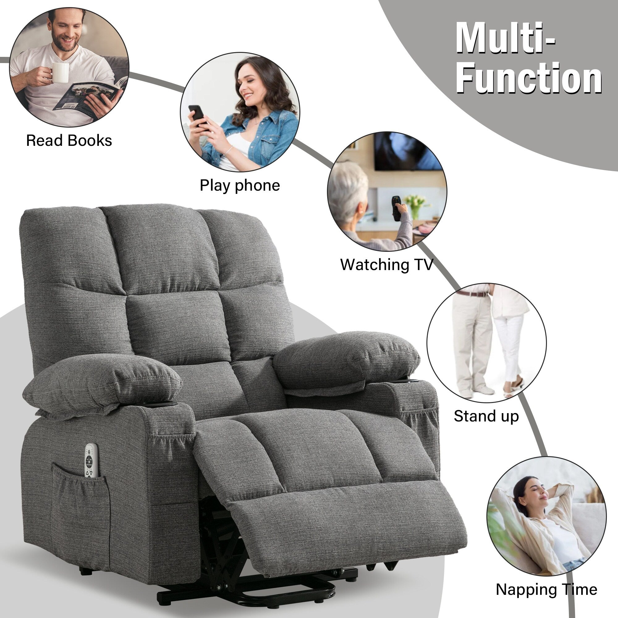 Fauteuil inclinable électrique en lin avec massage et chauffage, poches latérales et ports de charge USB