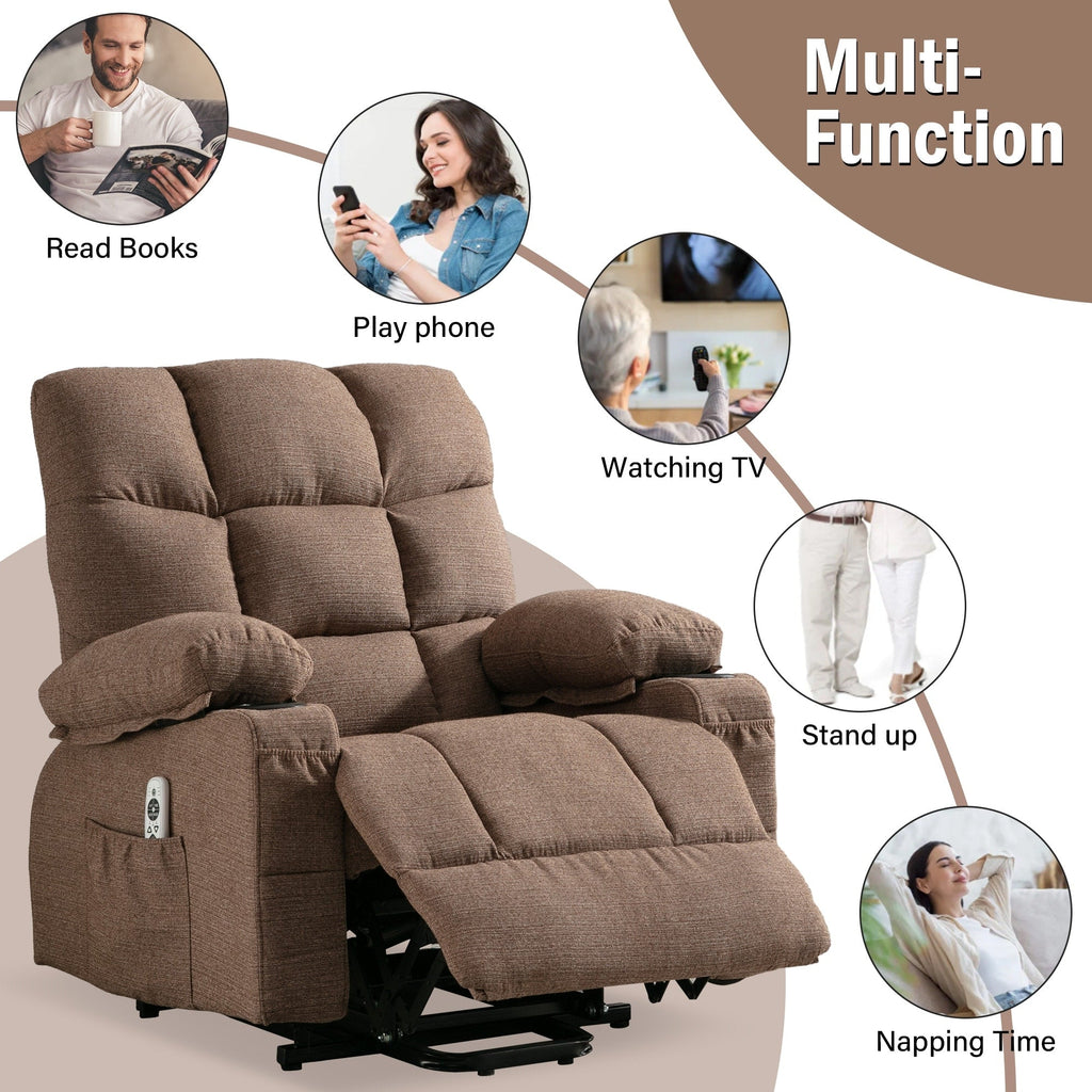 Fauteuil inclinable électrique en lin avec massage et chauffage, poches latérales et ports de charge USB