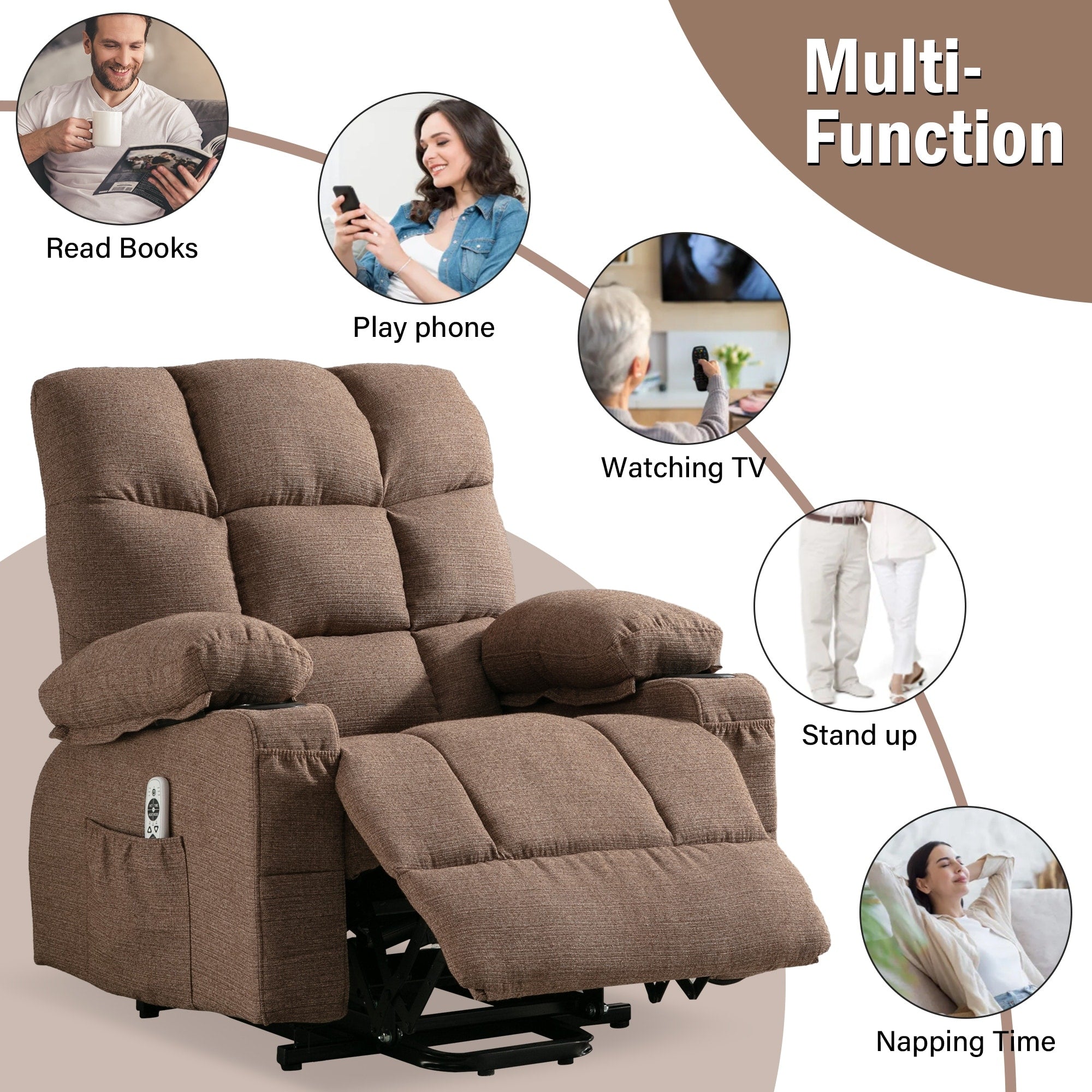 Fauteuil inclinable électrique en lin avec massage et chauffage, poches latérales et ports de charge USB