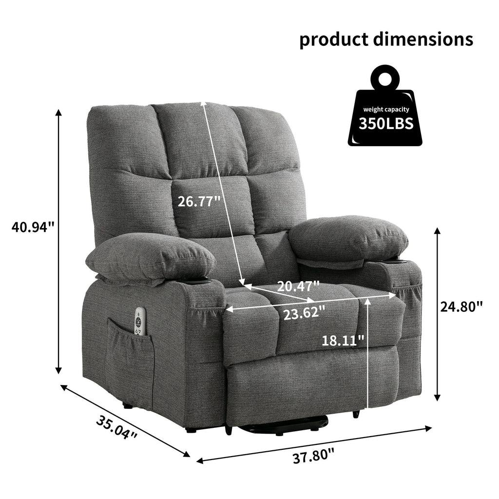 Fauteuil inclinable électrique en lin avec massage et chauffage, poches latérales et ports de charge USB