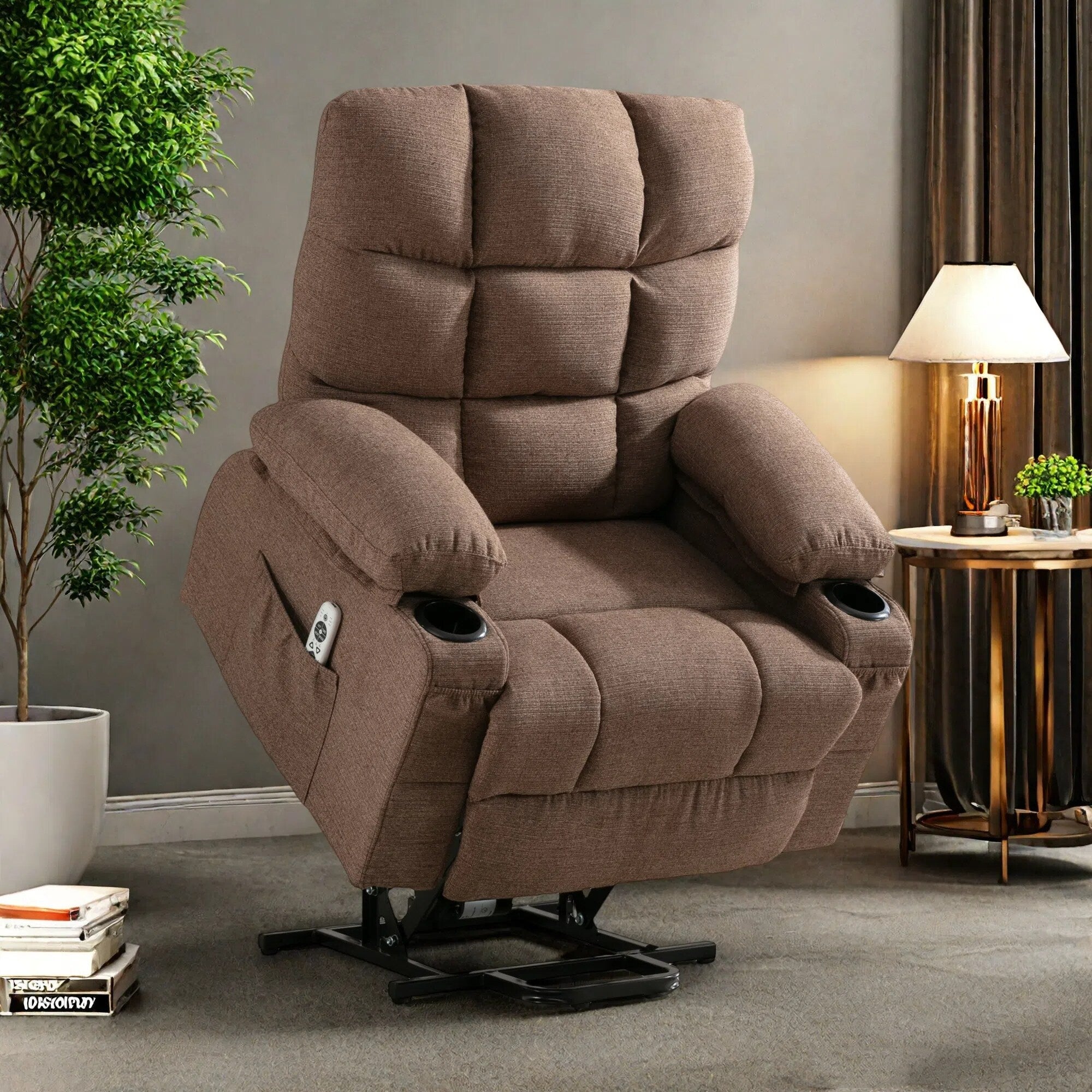Fauteuil inclinable électrique en lin avec massage et chauffage, poches latérales et ports de charge USB