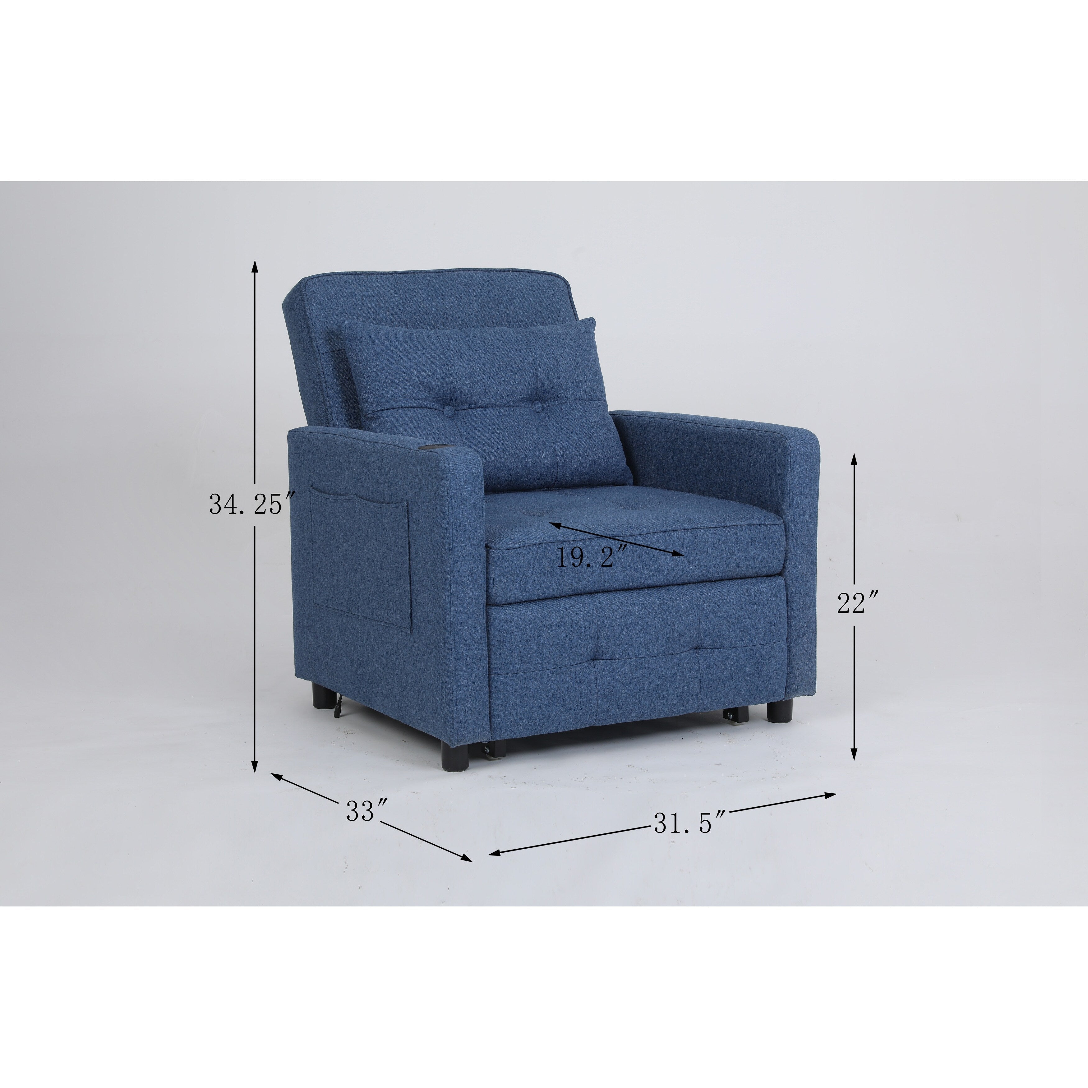 Fauteuil inclinable en lin, lit gigogne, fauteuil de salon pliant, fauteuil convertible avec port USB, porte-gobelet et poches latérales